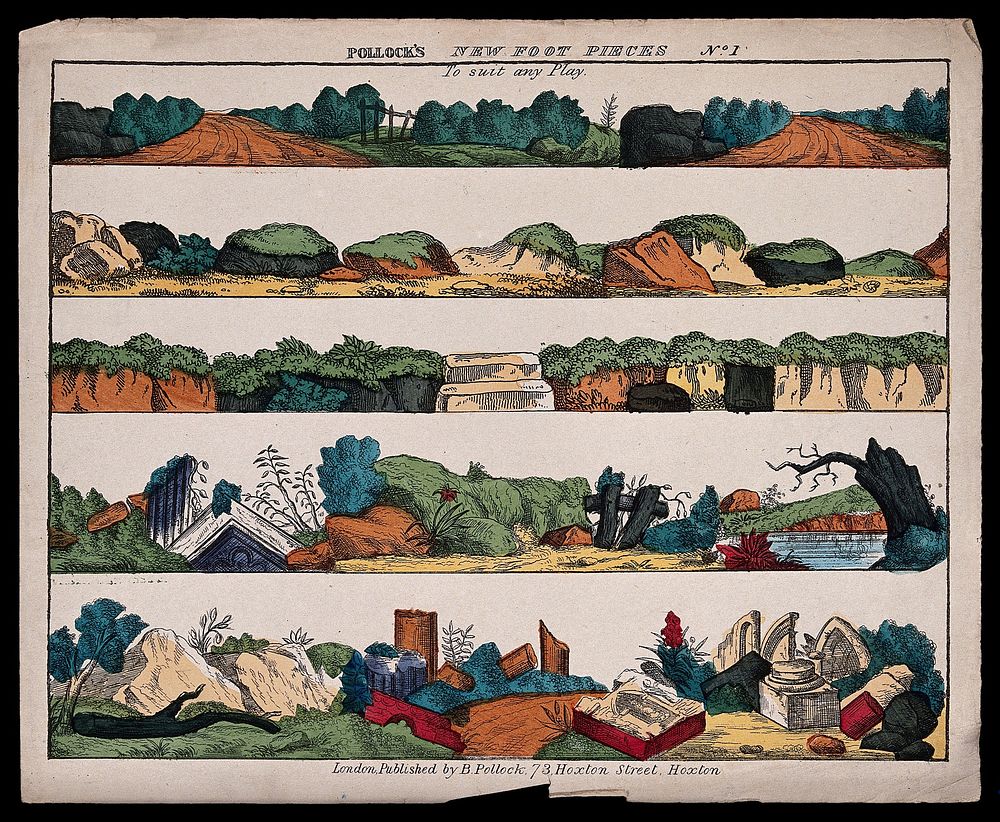 Scenery to be used in a toy theatre: roads, cliffs, hillocks, ruins, and other features of a landscape. Coloured lithograph.