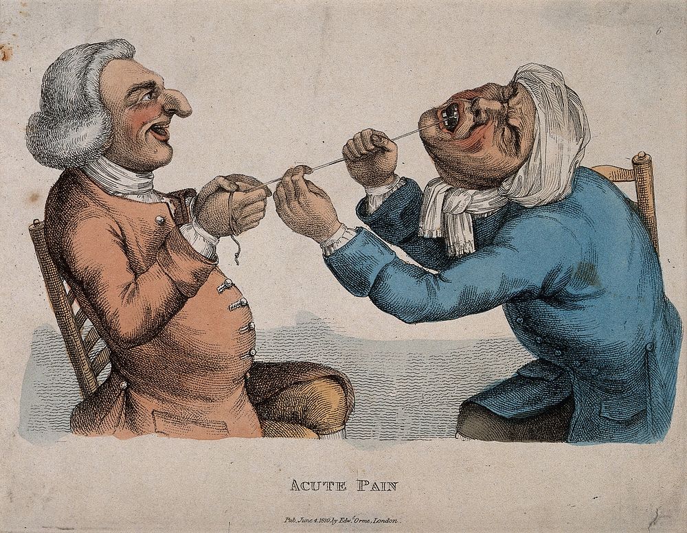 A tooth-drawer using a cord to extract a tooth from an agonized patient. Coloured engraving, 1810, after J. Collier, 1773.