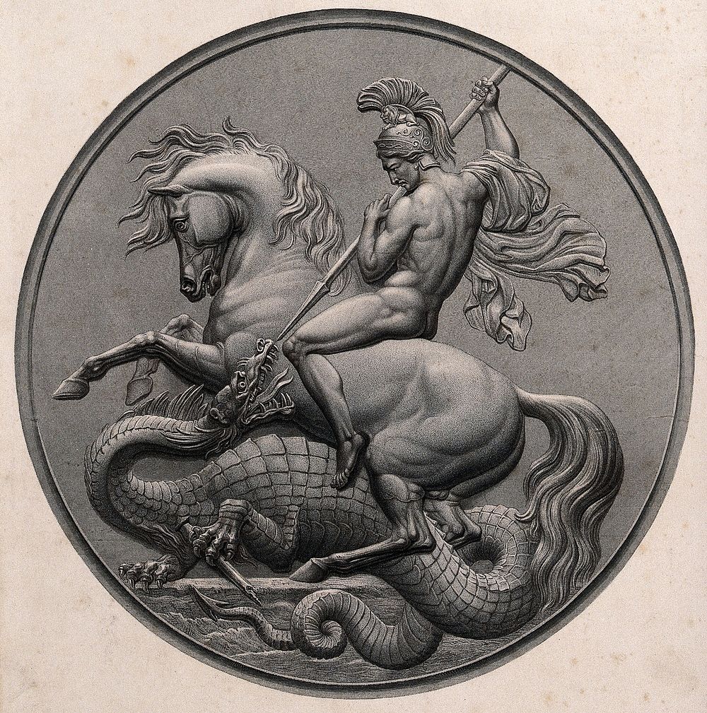 Saint George on horseback, naked and wearing a helmet, fighting the dragon. Stipple engraving by W. Roffe after F.R. Roffe…