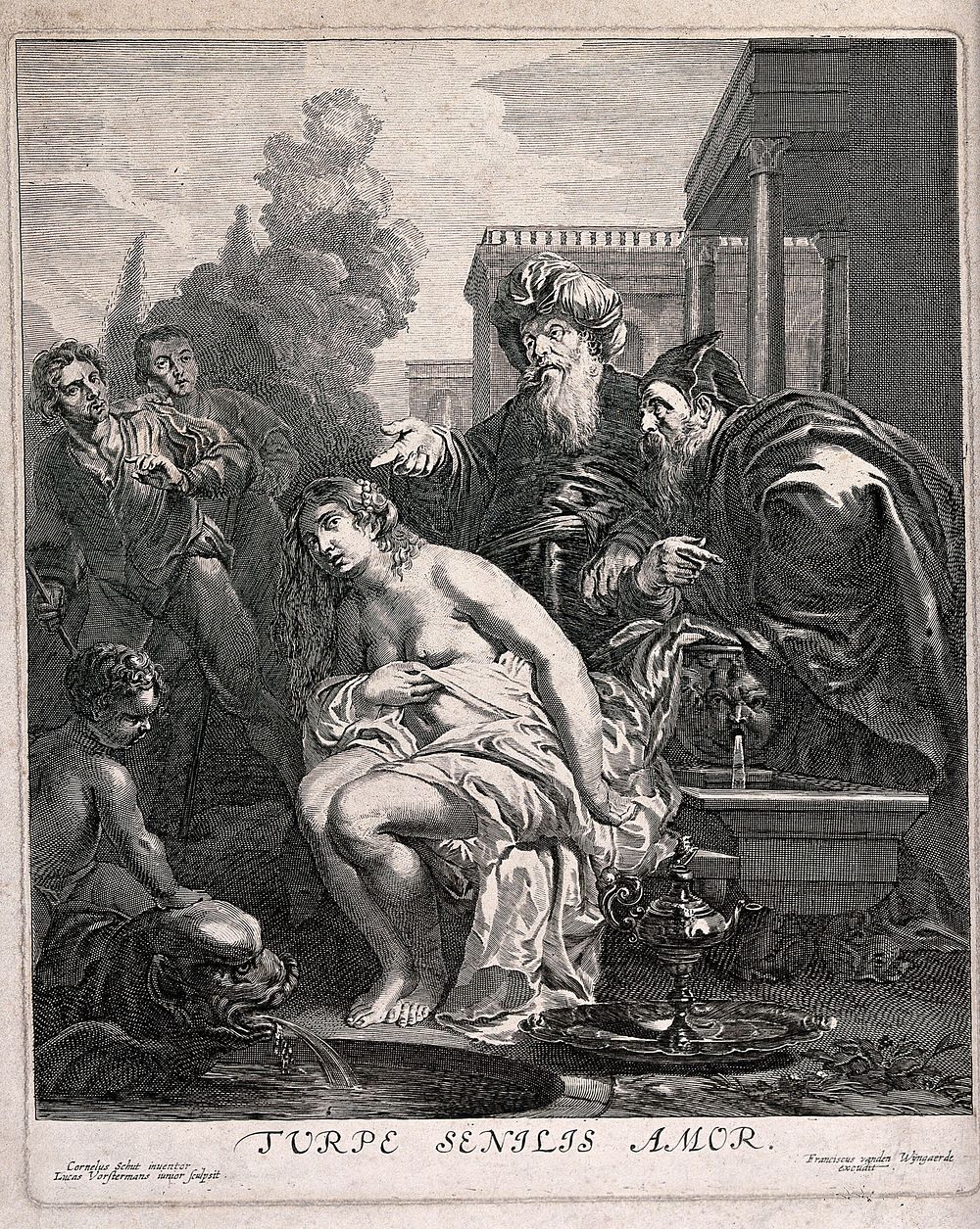Susanna and the elders. Engraving by Lucas Vorsterman junior after Cornelis Schut.