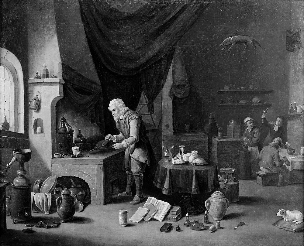 An alchemist in his laboratory. Oil painting by a follower of David Teniers the younger.