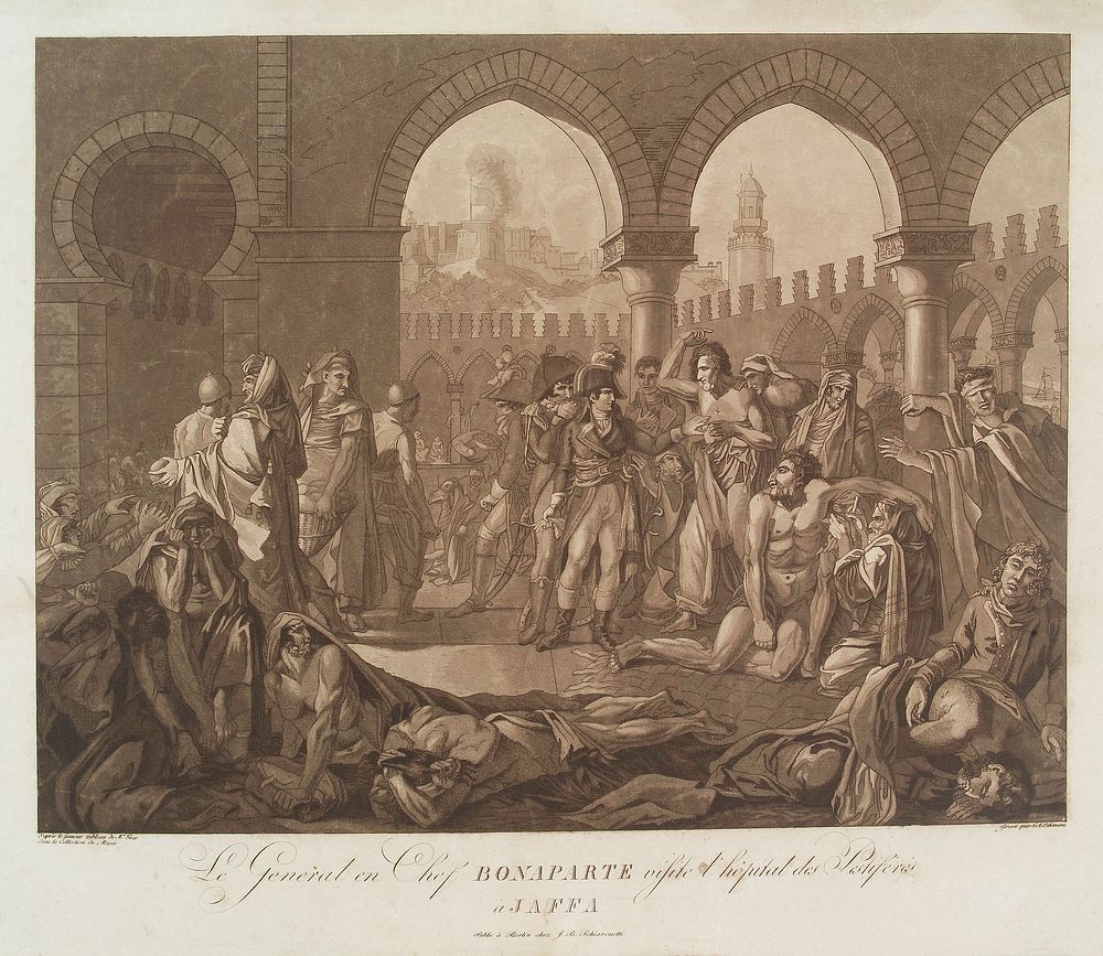 Napoleon visiting the plague-stricken at Jaffa. Aquatint by G.A. Lehmann after Baron Gros.