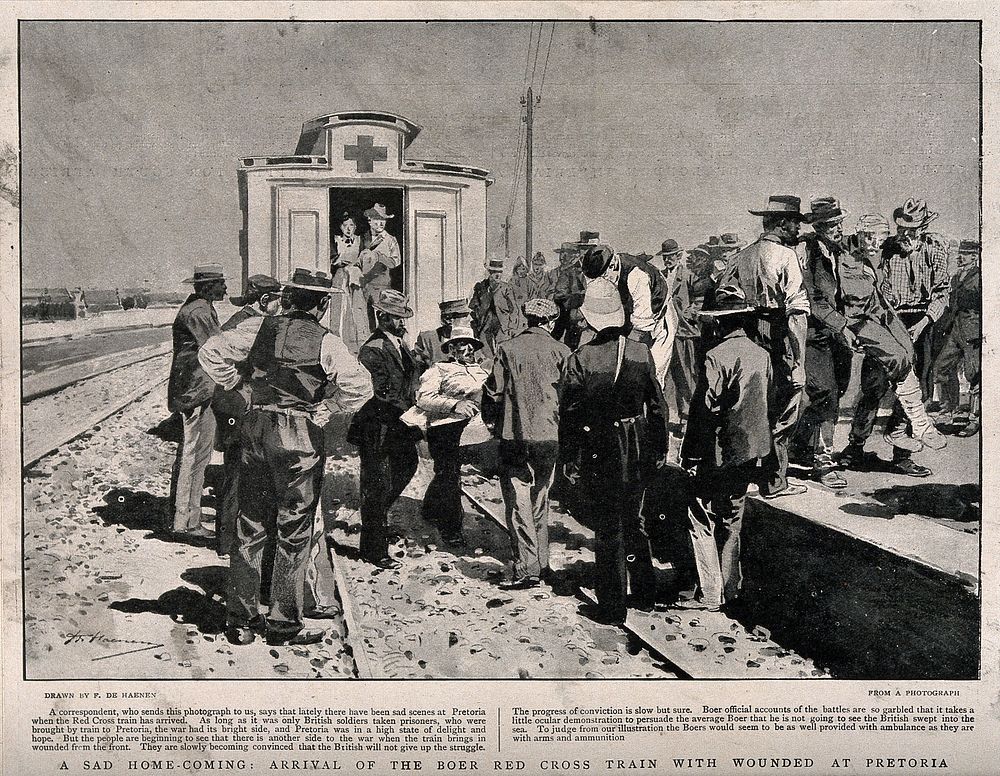 Boer War: arrival of a Boer Red Cross train with the wounded at Pretoria. Reproduction of a sketch by F. de Haenen after a…