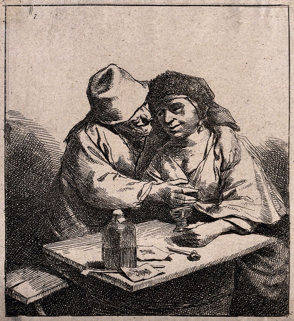 A man has his arms around a woman who is sitting at a table with a glass in her hand. Etching.