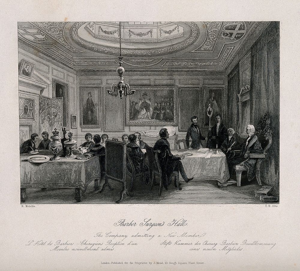 Barber-surgeons' Hall, Monkwell Street, London: the interior of the hall, with various figures standing and sitting about.…
