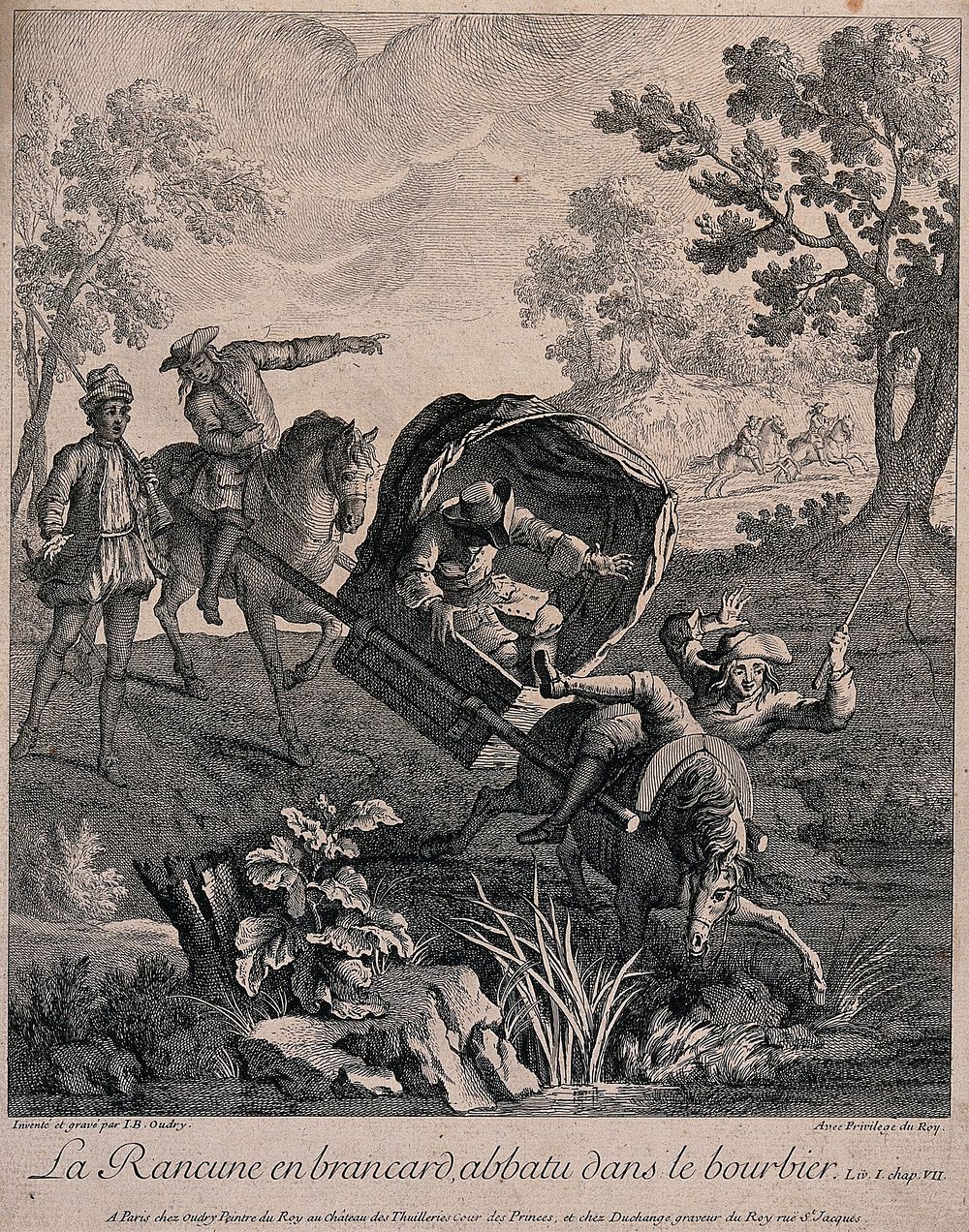 A chair with a passenger being carried between two horses has collapsed as the first horse stumbles at the edge of the…