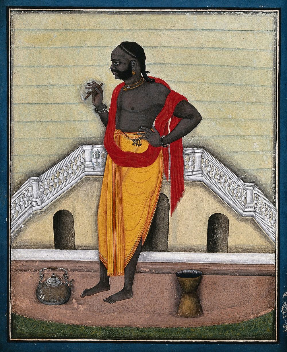 A man smoking an Indian type cigar. Gouache painting by an Indian painter.