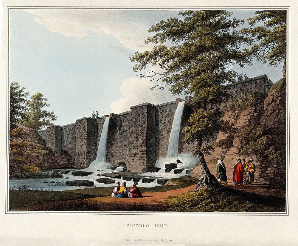 A dam in Asia. Coloured aquatint, 1812.