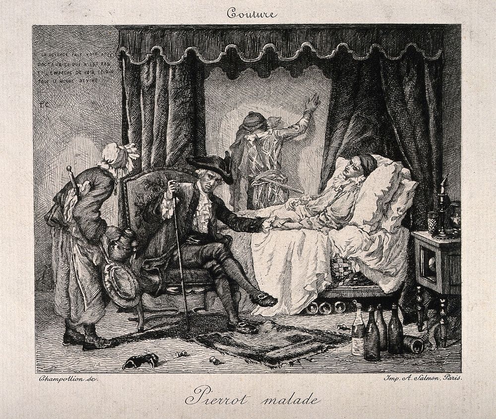 A physician examining a person dressed as Pierrot who lies in bed, in the background another person in a similar costume is…