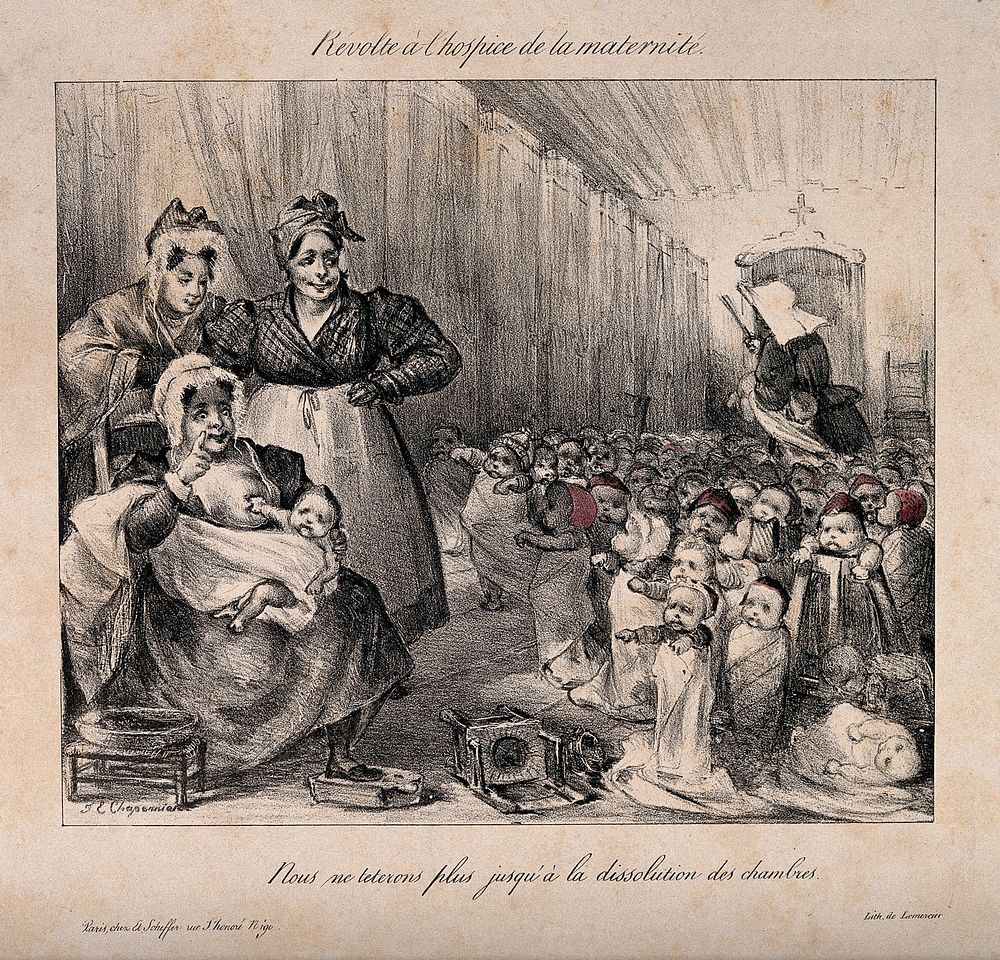 Babies at a maternity hospital refusing to breast feed until the Houses (of Parliament) are dissolved. Coloured lithograph…