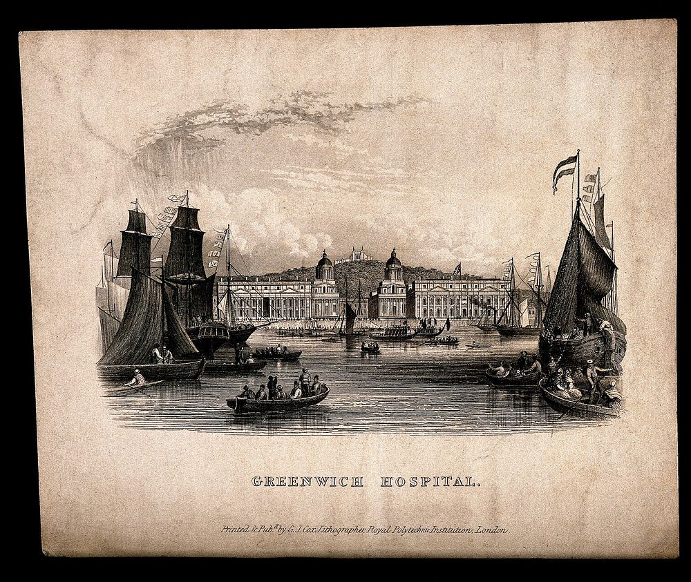 Royal Naval Hospital, Greenwich, with ships and rowing boats in the foreground. Engraving by G. J. Cox, after himself [].