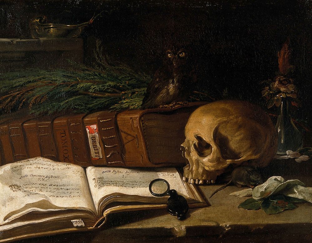 Still life with a ledger, a skull and other objects. Oil painting, 1766.