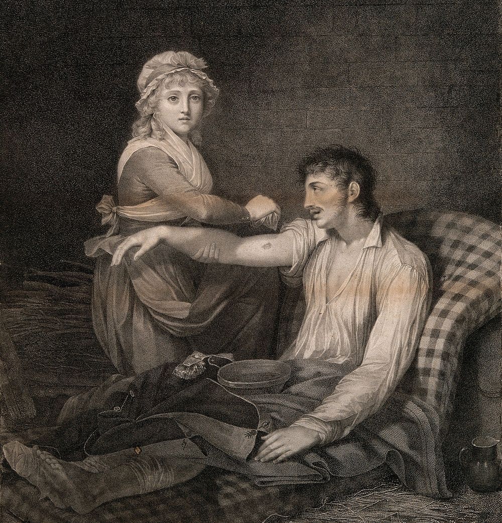 A frail and wounded soldier being saved from death by the care of his young wife. Etching by B. Roger after L. Sicard.