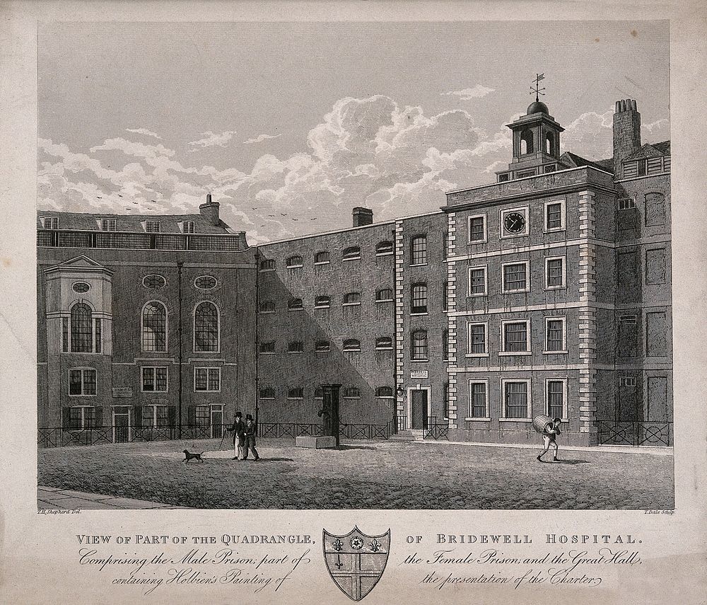Bridewell Hospital: a corner of a courtyard. Engraving by T. Dale, 1822, after T. H. Shepherd, 1821.