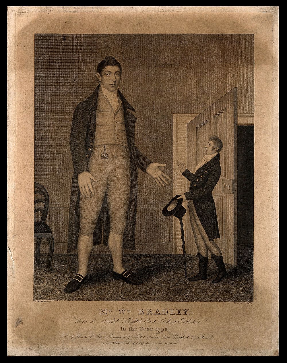 William Bradley, a giant. Engraving by S. Freeman, 1811, after T. Peat.