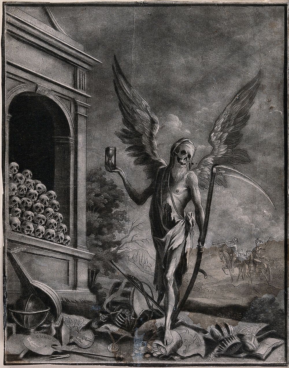 A winged figure of Death stands on top of a selection of worldly goods and holds an hourglass and a scythe. Mezzotint.