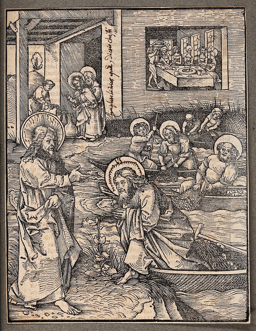Jesus calls the fishermen to be his apostles; in the background he performs the miracle at Cana. Woodcut.