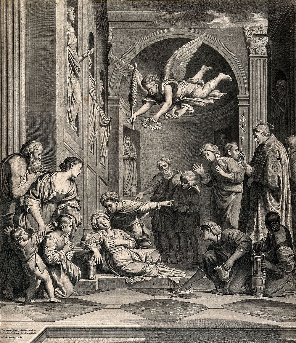 Saint Cecilia: her death. Engraving by G.B. de Poilly after N. de Poilly after D. Zampieri, il Domenichino.