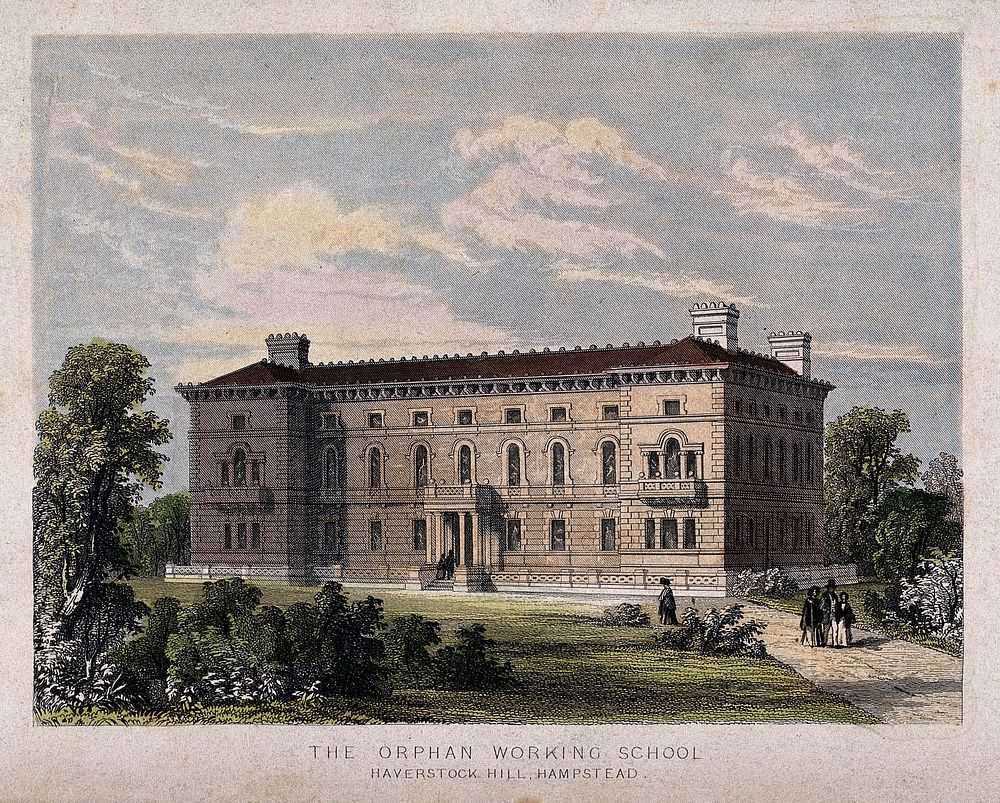 The Orphan Working School, Hampstead: the entrance facade. Coloured engraving.