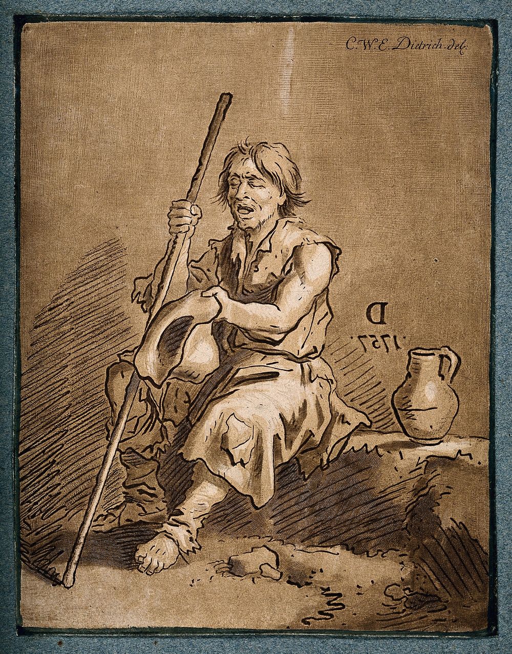 A blind beggar holds out his hat for money. Coloured mezzotint by C.W.E. Dietrich, 1757.