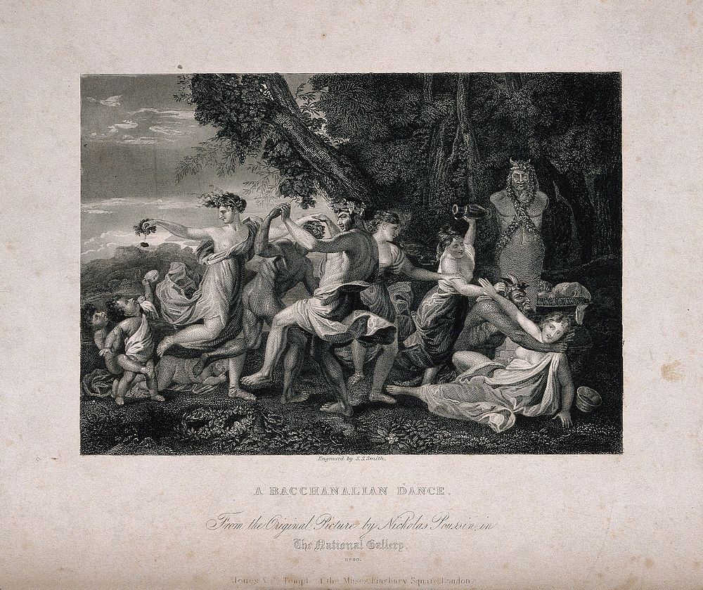 Bacchanalian men and women dancing by a garlanded statue of Pan. Engraving by S.S. Smith, 18--, after N. Poussin.