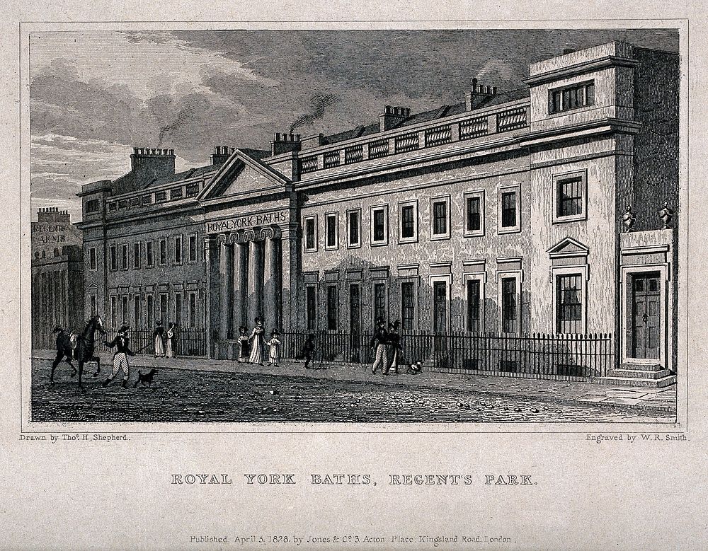 The Royal York Baths, Regent's Park, London. Engraving by W. R. Smith, 1828, after T. H. Shepherd.