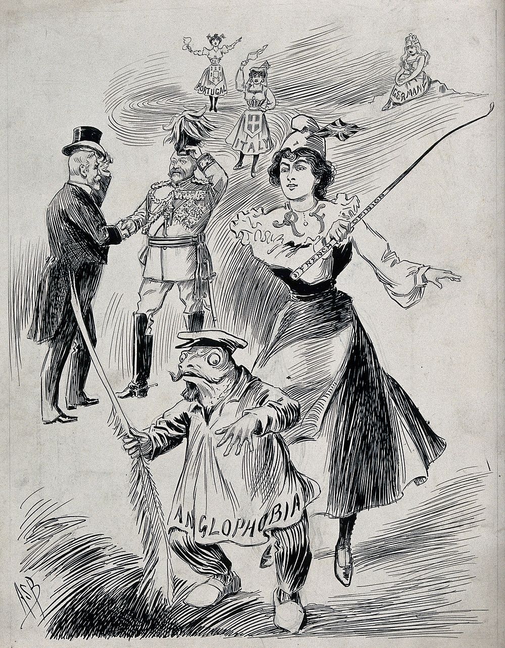 The Entente Cordiale: Marianne (a woman representing France) is chasing away a frog on which is written "Anglophobia"; King…