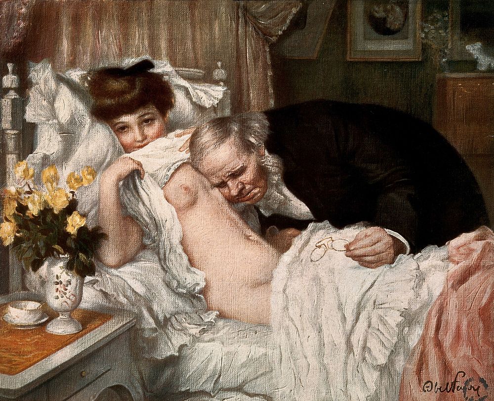 A beautiful young woman looks away coyly while an aged doctor examines her chest. Chromolithograph after A. Faivre.