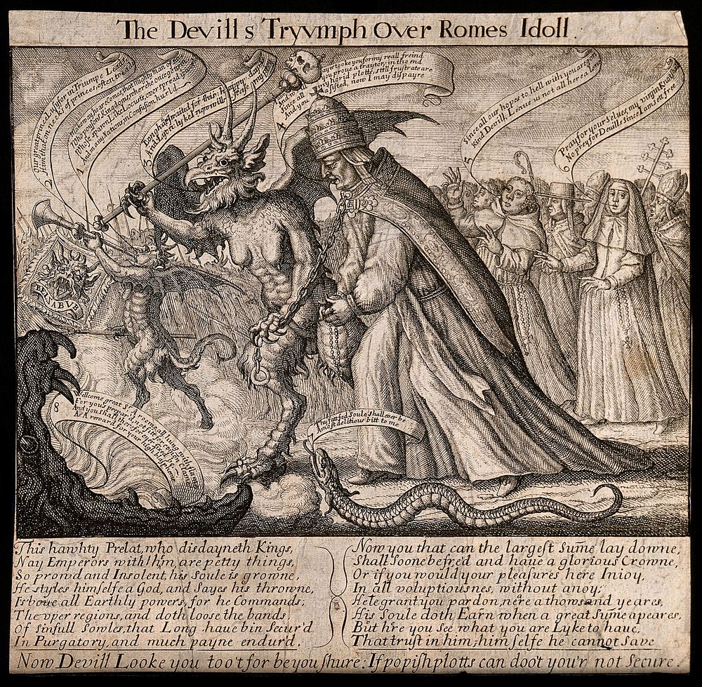 A triumphal procession: the devil leads the Pope as his captive towards hell. Engraving attributed to F. Barlow, 1680.