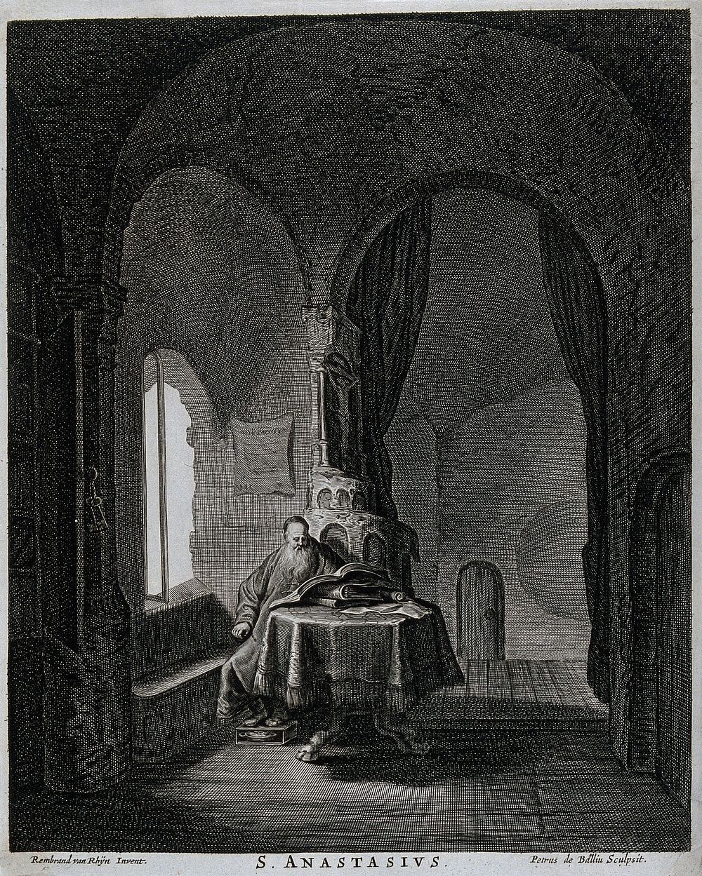 An old man reading a book, designated as Saint Anastasius. Engraving by P. de Balliu after Rembrandt van Rijn.