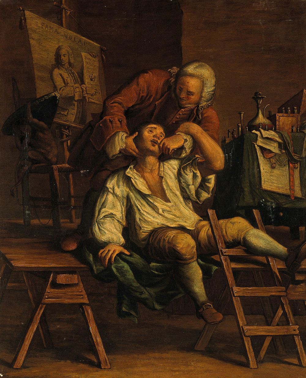 An itinerant operator extracting a tooth. Oil painting after Francesco Maggiotto.