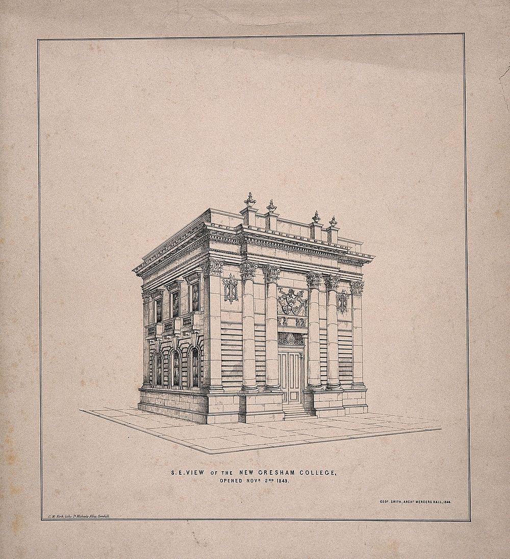 Gresham College, London: three-quarter view, with Gresham's arms over the entrance. Lithograph, 1844.