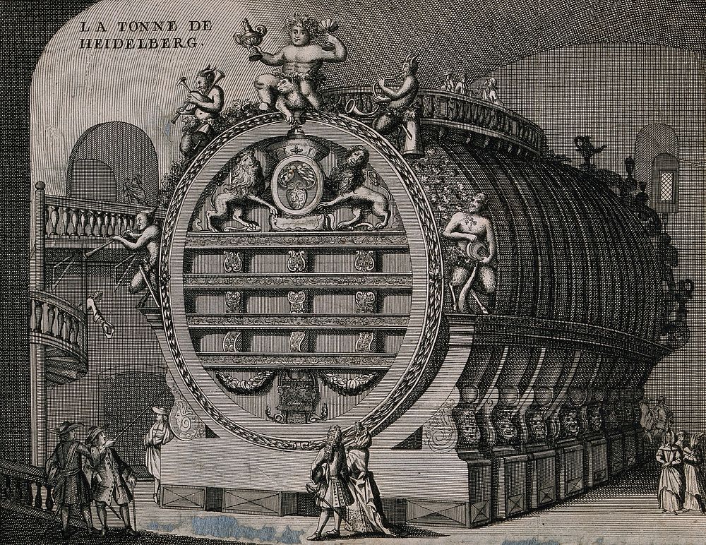 A very large and ornate wine barrel, the Heidelberg Tun, being admired by fashionable visitors. Engraving, c. 1700.