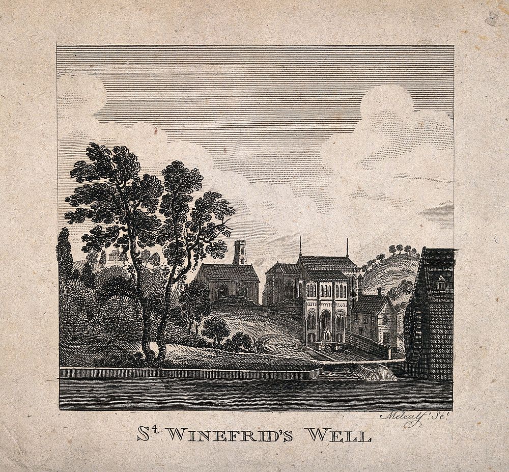 St Winifred's Well, Flintshire, Wales. Line engraving by Metcalf.
