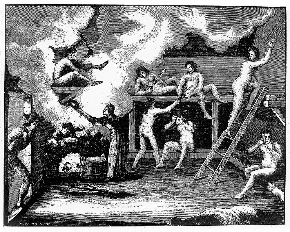 People taking a vapour bath. Coloured wood engraving by O. Sörling.