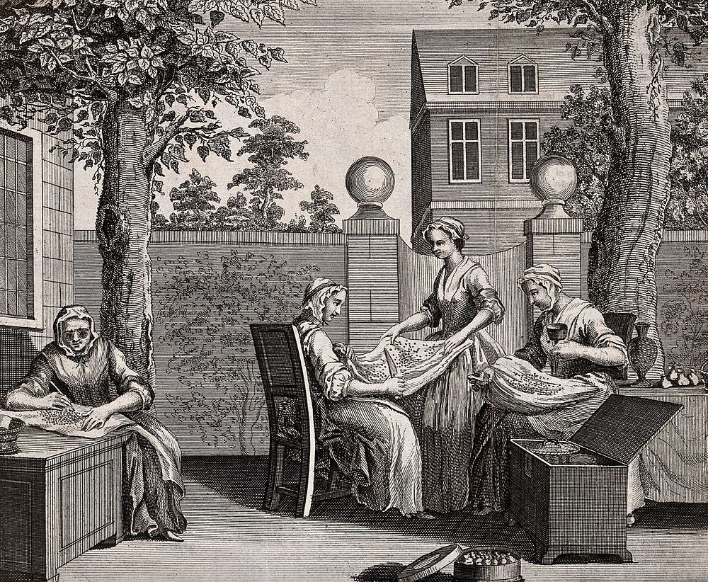 Textiles: women in a garden sorting silkworm eggs for incubation. Engraving by B. Cole, 1749.