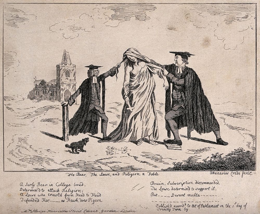 Two Oxford dons manhandling a woman representing Religion, trying to pull her towards or away from the requirement that…