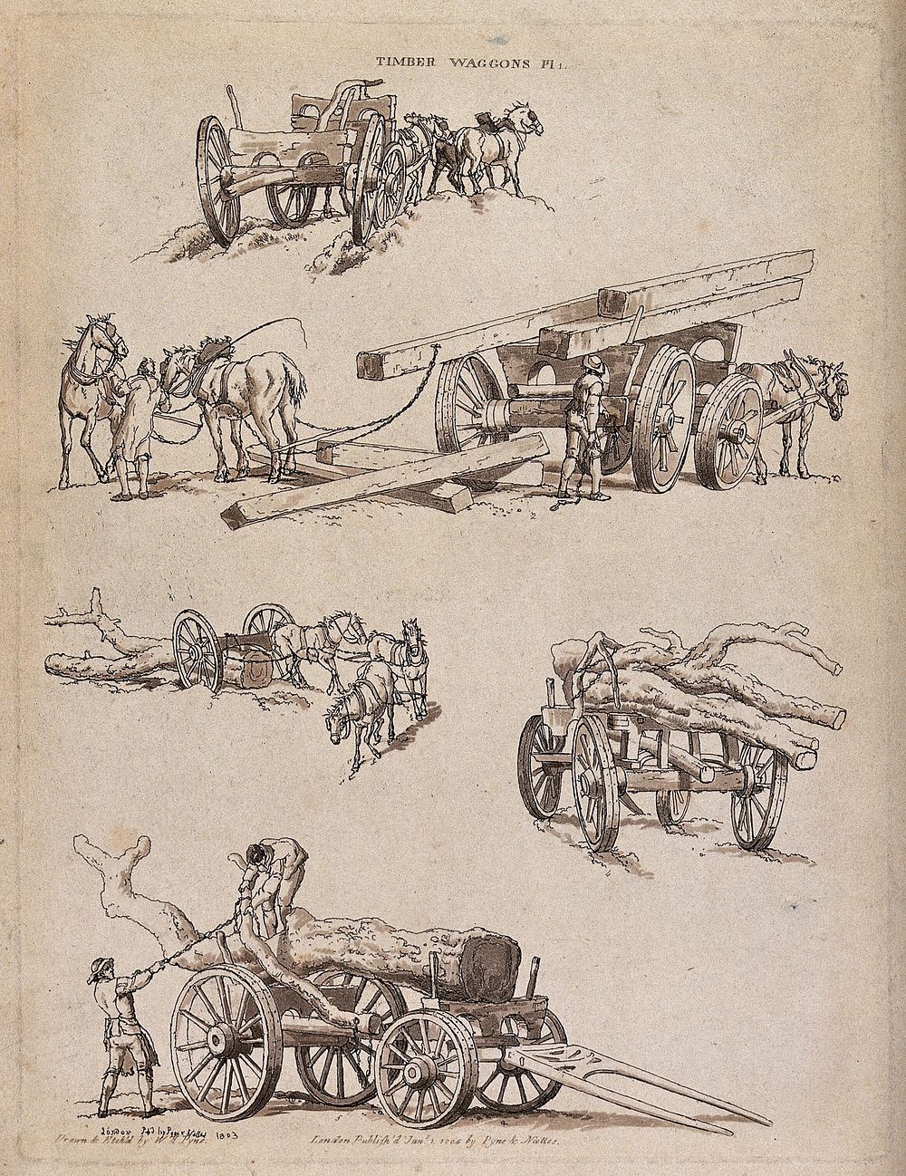 Men loading timber on to wagons, and horses pulling the wagons. Etching with aquatint by W.H. Pyne, 1804.