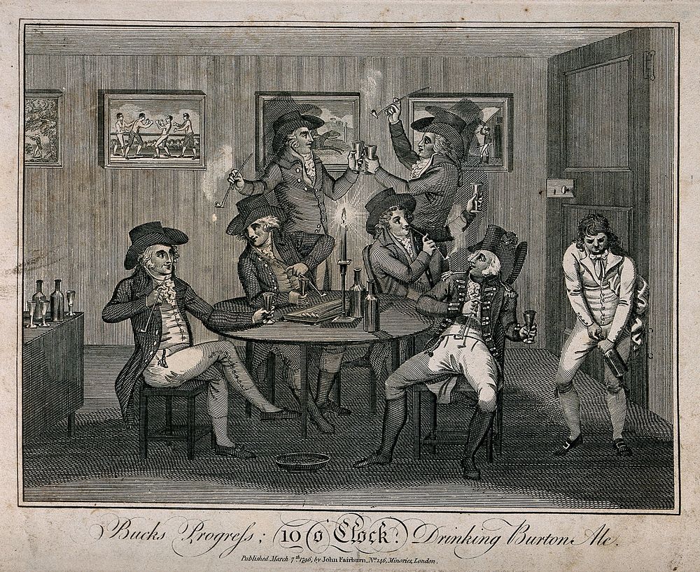 Six fashionable young men carousing round a table as a serving man opens another bottle of ale. Engraving, c. 1796.