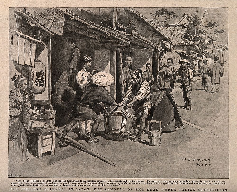 Disposal of the dead, under police supervision during a cholera epidemic in Japan. Reproduction of drawing by Meisenbach…