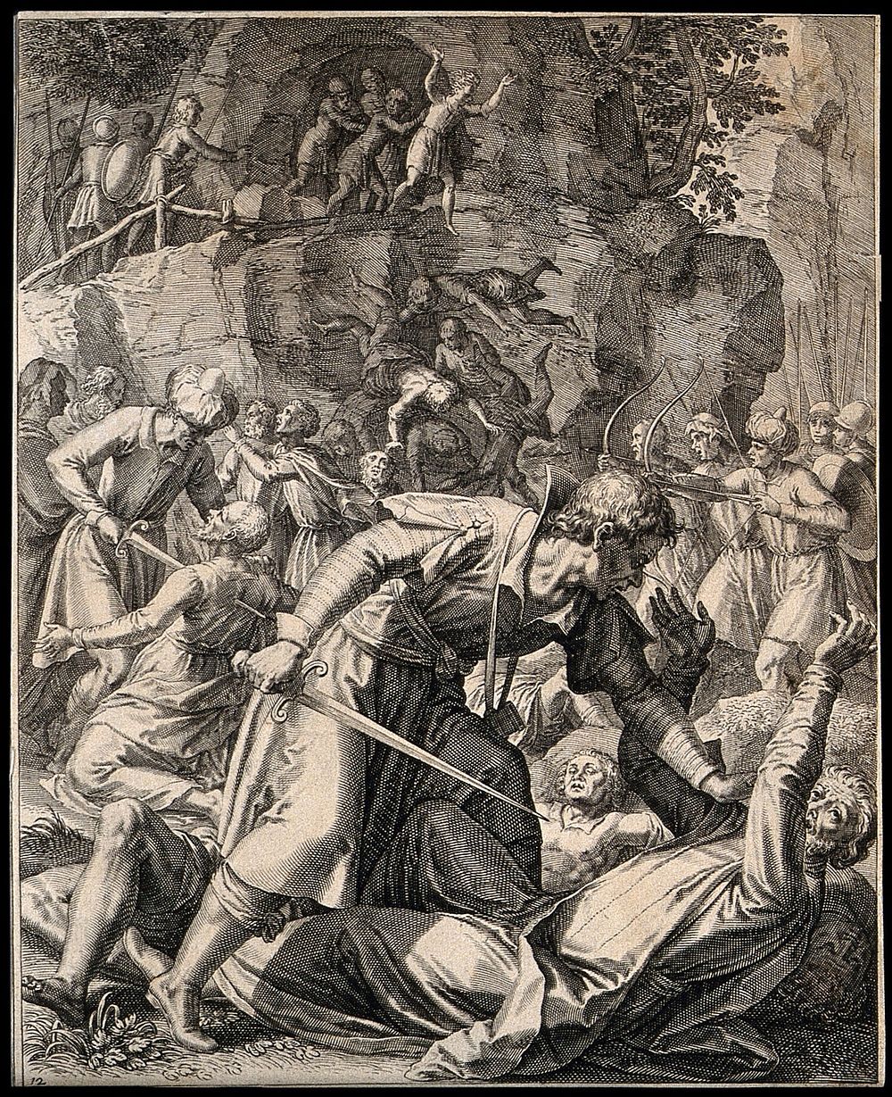 A massacre by a group of soldiers. Engraving.