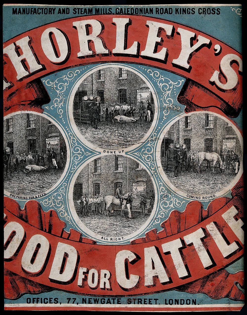 An advertisement for Thorley's cattle food. Coloured lithograph.