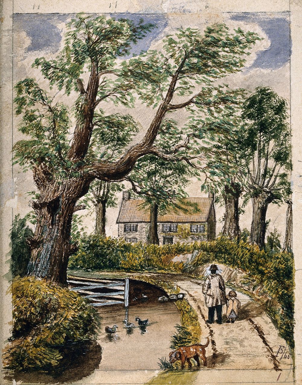 The cottage in which Edward Jenner first tried vaccination; foreground: trees, pond with ducks, bridge and path with man and…