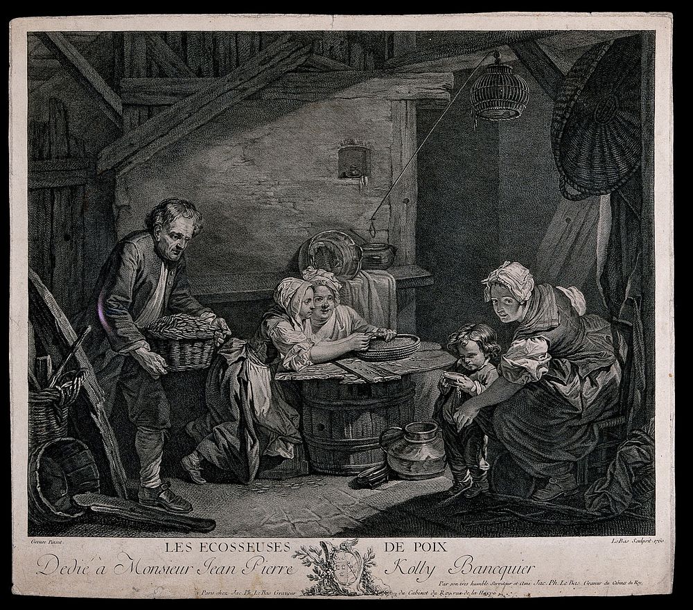 A family are shelling peas in a barn with old barrels in it. Engraving by J.P. Le Bas, 1760, after J.B. Greuze.