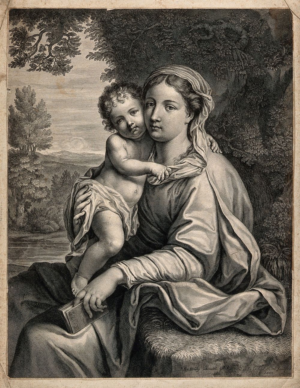 Saint Mary (the Blessed Virgin) with the Christ Child. Engraving by J.L. Roullet after Annibale Carracci.