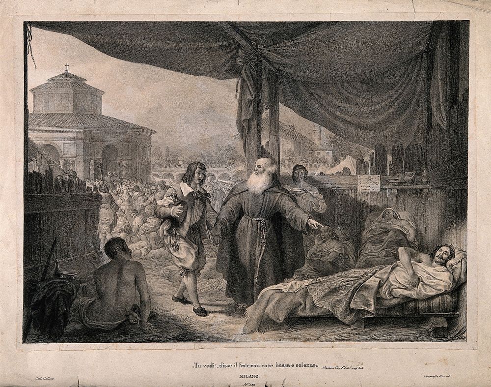 A monk visiting the victims of the great plague of Milan in 1630; an episode in Manzoni's 'I promessi sposi'. Lithograph by…