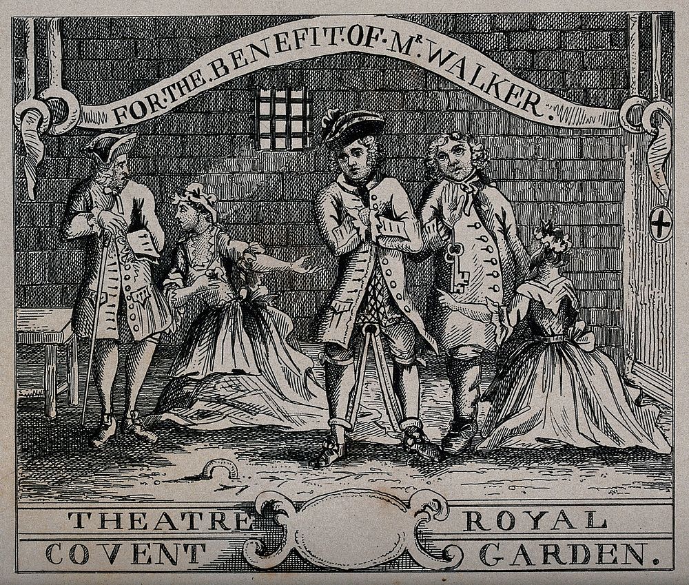 An episode in The beggar's opera: the highwayman Macheath in prison, two young women are kneeling in front of two men and…