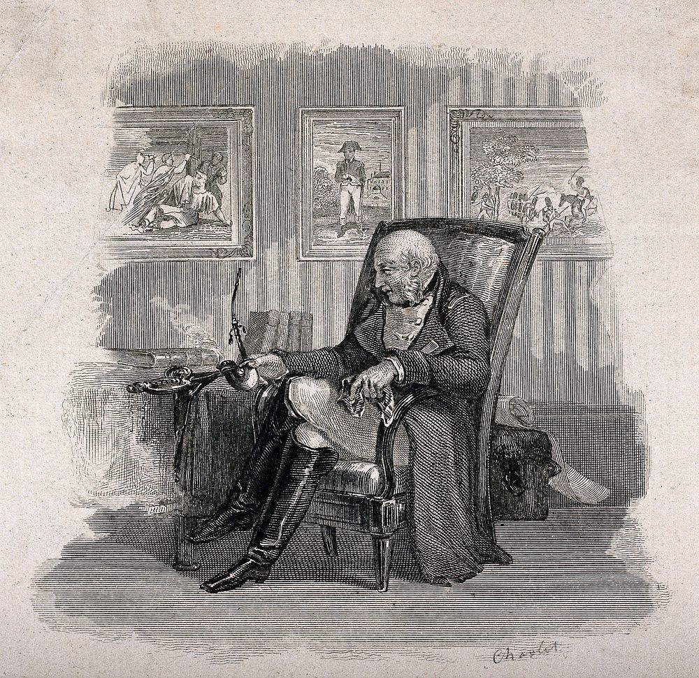 An old Napoleonic soldier sits dreaming in his armchair with pipe in hand, below a poem entitled "à ma pipe". Engraving…