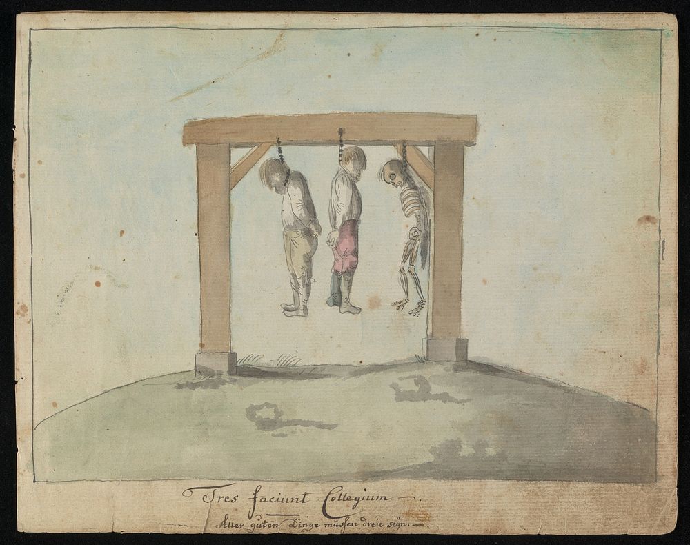 The bodies of two men and a skeleton hanging on a gallows; representing the status of the triad. Watercolour, ca. 1800.