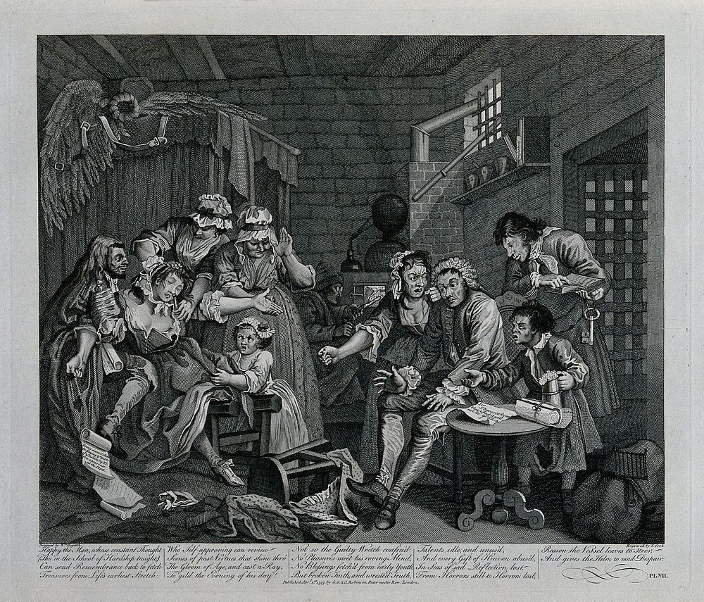 Tom Rakewell in a cell in the Fleet Prison. Engraving by T. Cook after W. Hogarth.